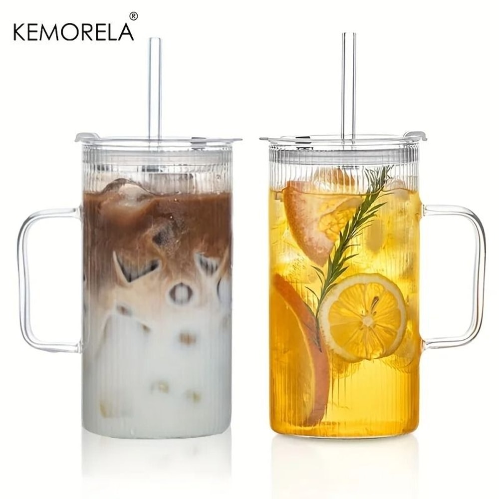 740ML Large Ribbed Glass Tumbler HighPerformance Clear Drinking Cup With Handle Lid Set 0