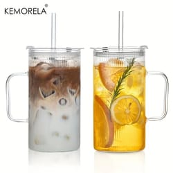 740ml large ribbed glass tumbler – high-performance clear drinking cup with handle & lid set