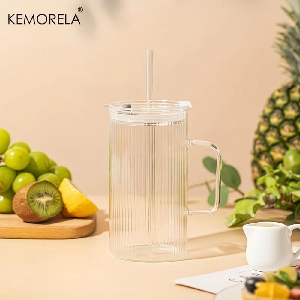 740ML Large Ribbed Glass Tumbler HighPerformance Clear Drinking Cup With Handle Lid Set 2
