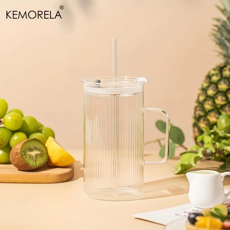 740ML Large Ribbed Glass Tumbler HighPerformance Clear Drinking Cup With Handle Lid Set 2