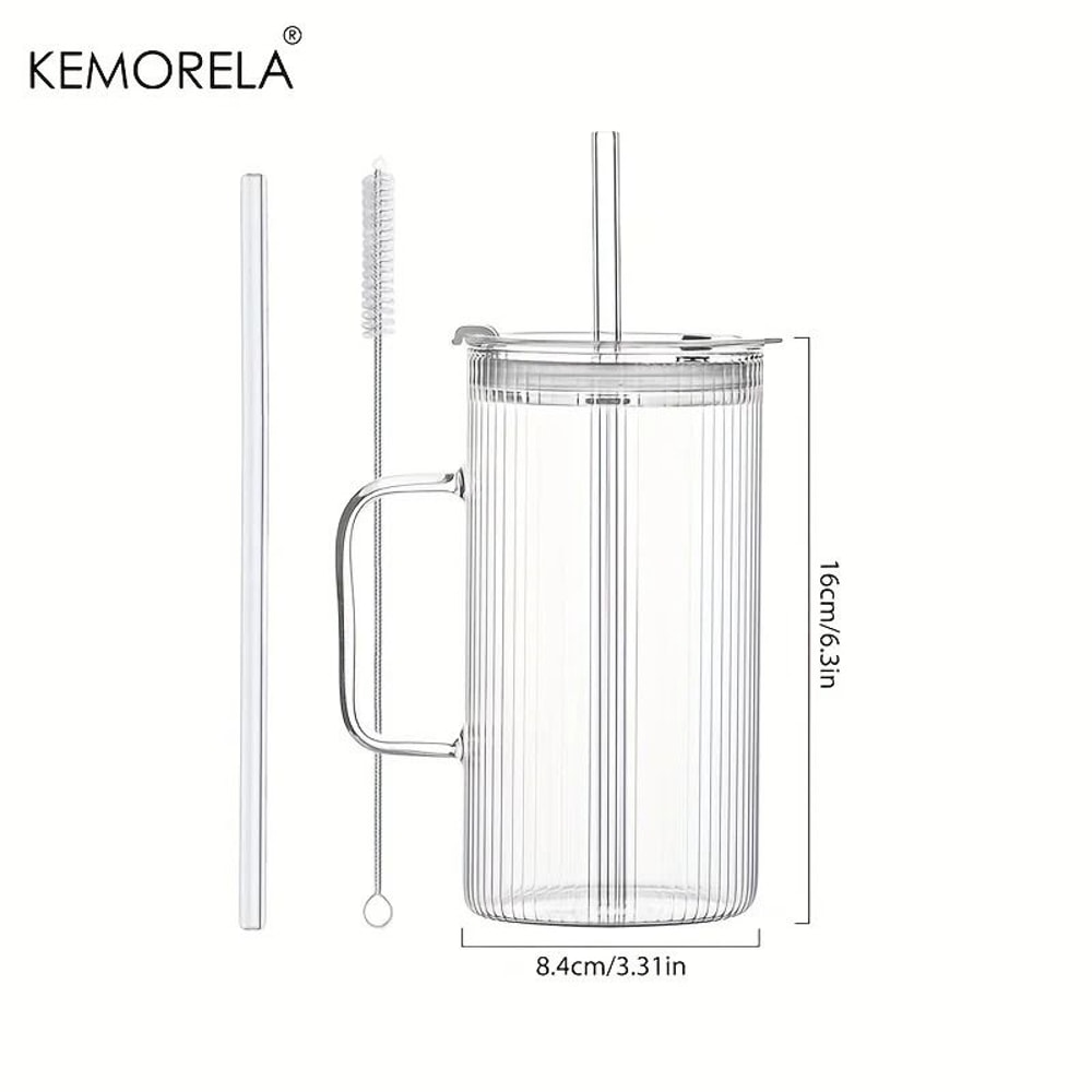 740ML Large Ribbed Glass Tumbler HighPerformance Clear Drinking Cup With Handle Lid Set 5