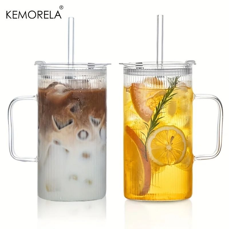 740ML Large Ribbed Glass Tumbler HighPerformance Clear Drinking Cup With Handle Lid Set 7