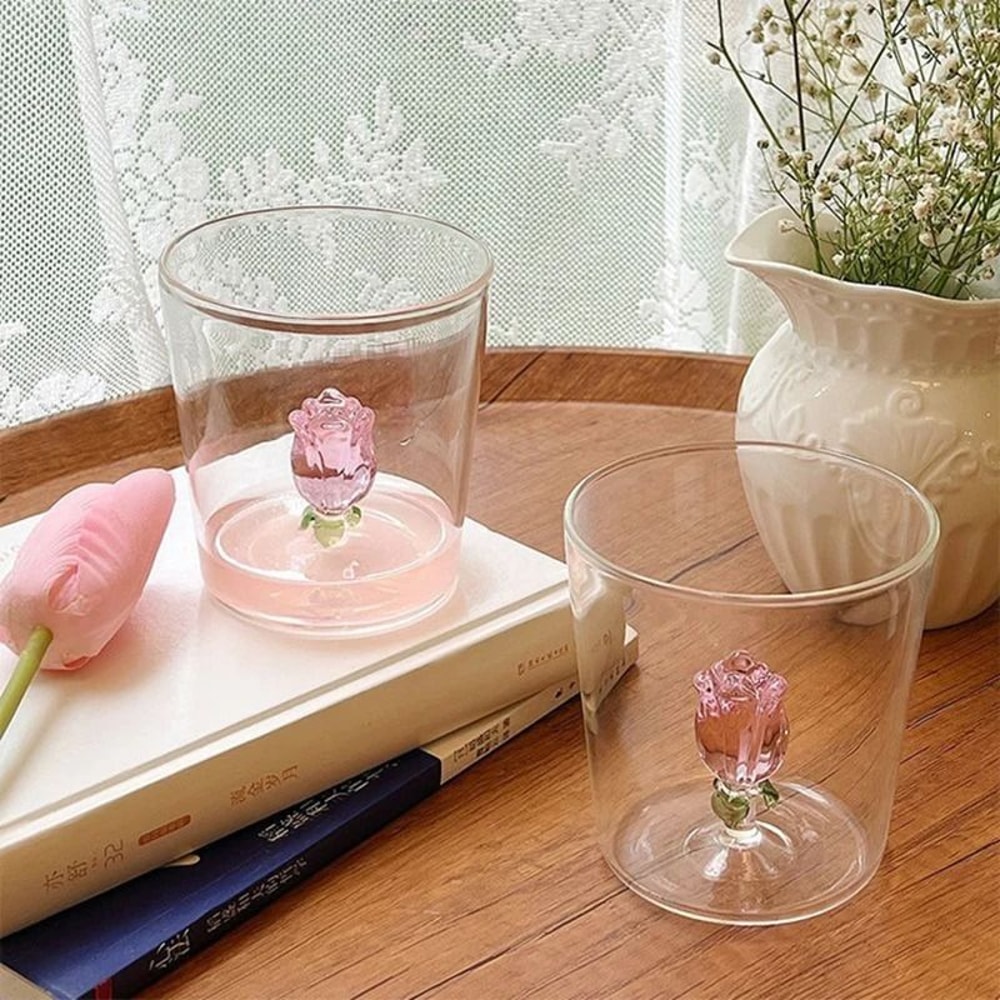 INS 3D Rose Glass Cup Unique HeatResistant Tumbler HighPerformance Floral Juice Mug 5