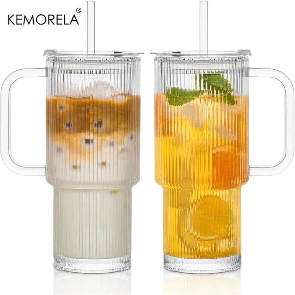 768ML Modern Ribbed Glass Tumbler HighPerformance Clear Coffee Mug With Handle Lid Set 0