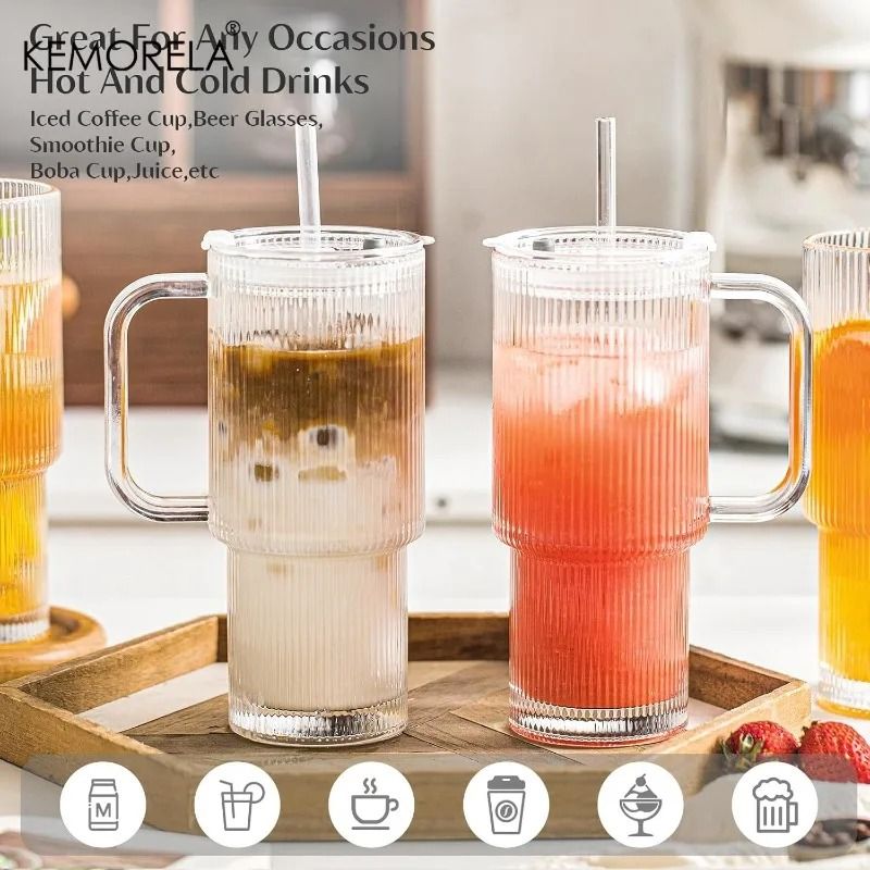 768ML Modern Ribbed Glass Tumbler HighPerformance Clear Coffee Mug With Handle Lid Set 1