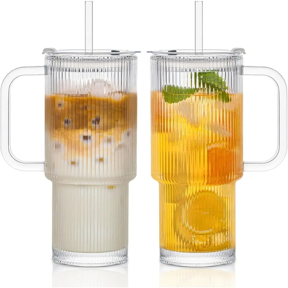 768ML Modern Ribbed Glass Tumbler HighPerformance Clear Coffee Mug With Handle Lid Set 6