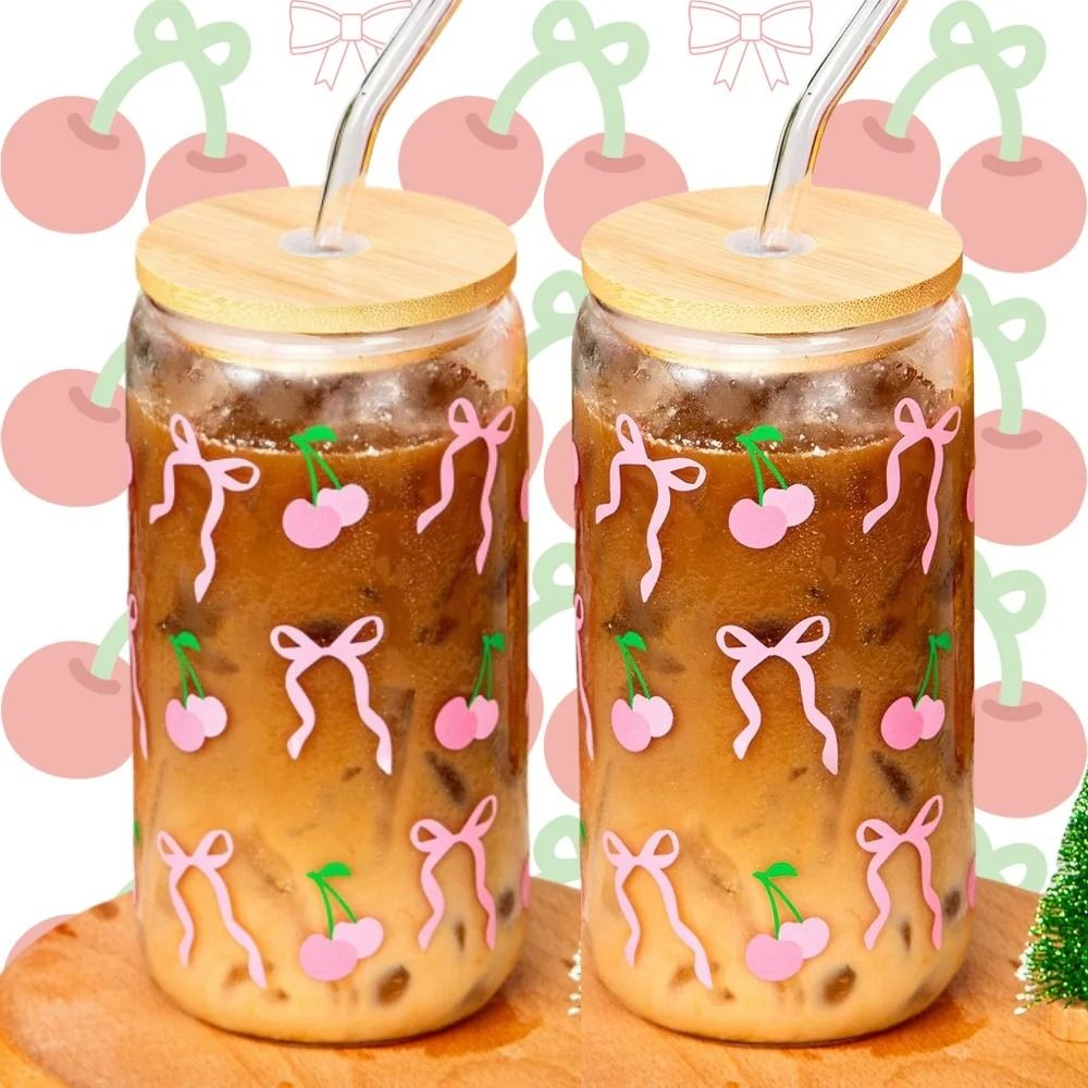 500ml Cherry Bow Glass Tumbler HighPerformance Mason Jar Shaped Drinking Cup With Lid Straw 9