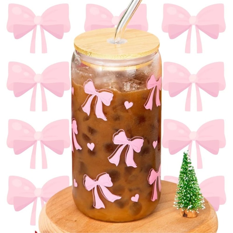 500ml Cherry Bow Glass Tumbler HighPerformance Mason Jar Shaped Drinking Cup With Lid Straw 6
