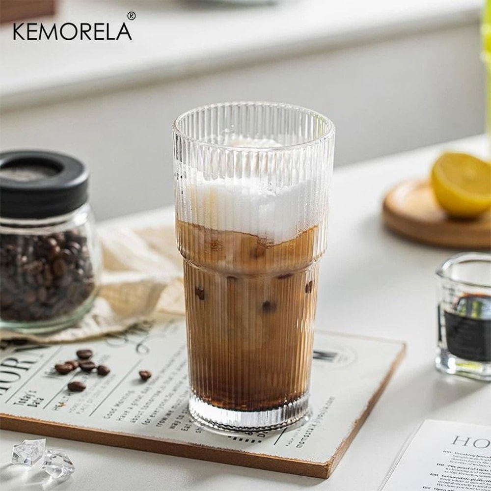 KEMORELA Ribbed Glass Tumbler HighPerformance 590ML Large Capacity Drinking Glasses For Iced Coffe 1
