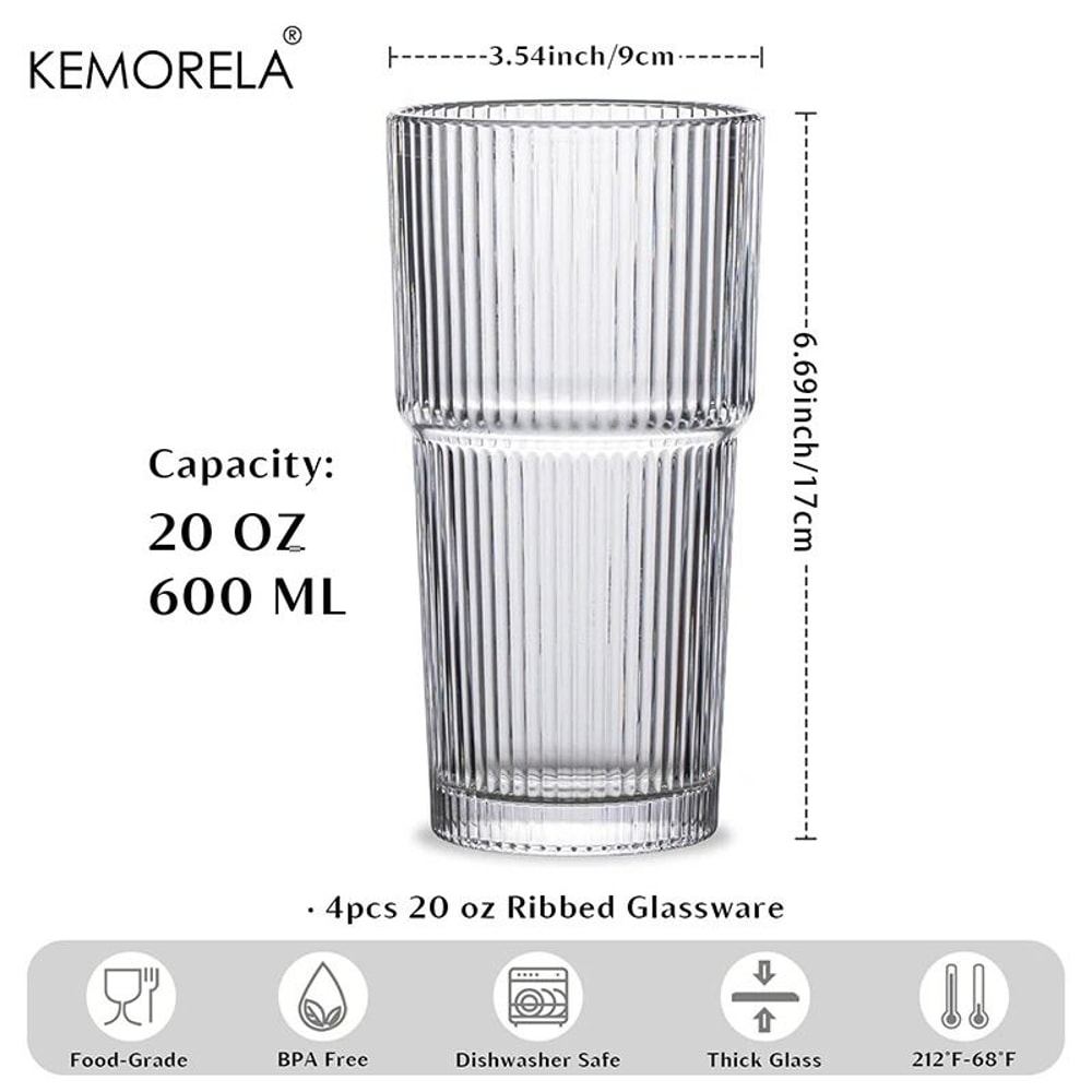 KEMORELA Ribbed Glass Tumbler HighPerformance 590ML Large Capacity Drinking Glasses For Iced Coffe 5