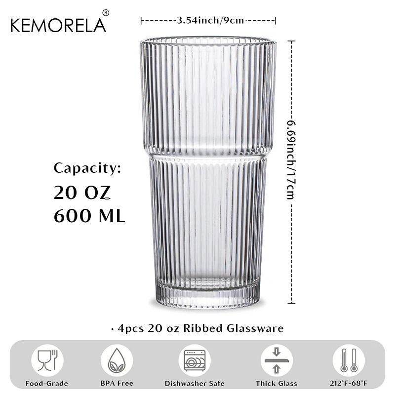 KEMORELA Ribbed Glass Tumbler HighPerformance 590ML Large Capacity Drinking Glasses For Iced Coffe 5