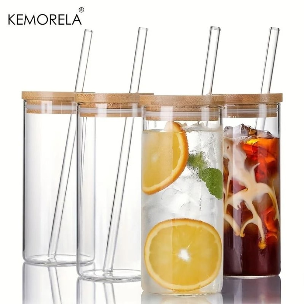 Premium Borosilicate Glass Tumbler Set HighPerformance 600ML Tall Iced Coffee Cups With Bamboo Lid 0