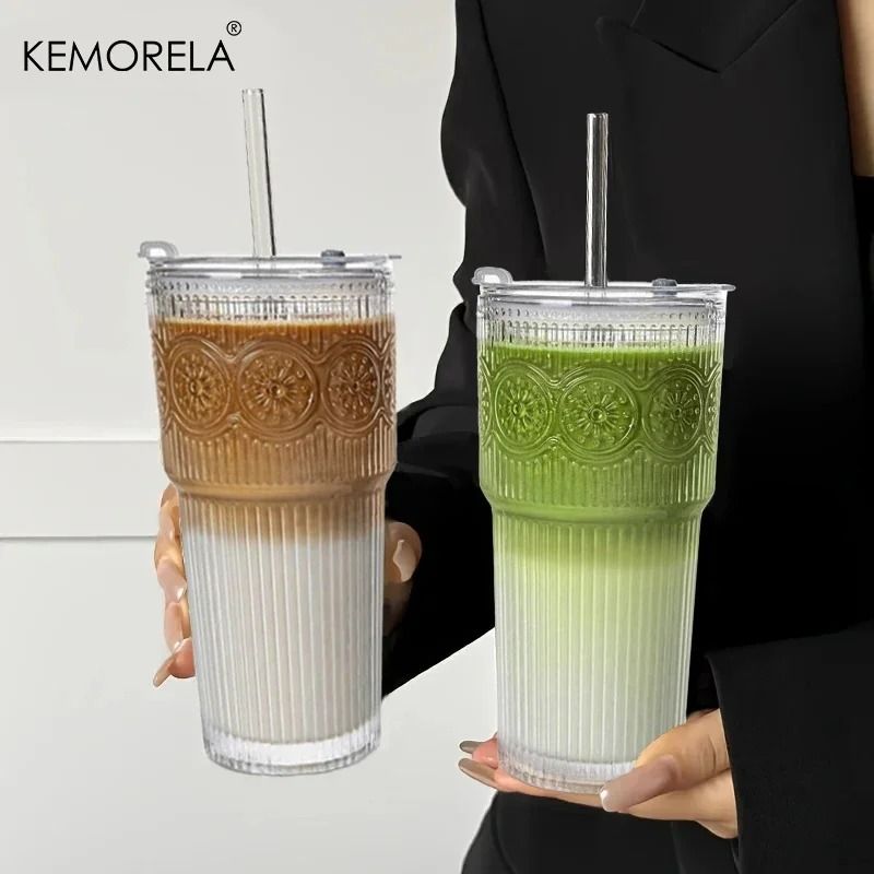 Floral Glass Tumbler HighPerformance 600ML Drinking Cup With Lid Straw 0