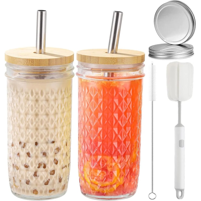 Premium 24oz Glass Tumbler Set HighPerformance Reusable Boba Iced Coffee Mason Jars 0