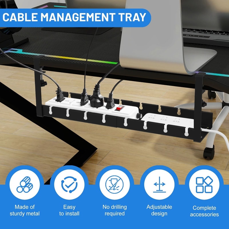 HeavyDuty NoDrill UnderDesk Cable Management Tray HighPerformance Extendable Metal Power Strip Co 1