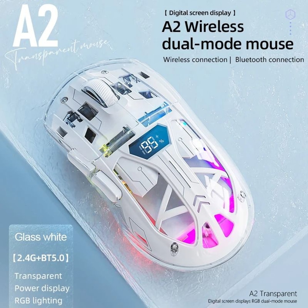 A2 Transparent RGB Bluetooth Mouse HighPerformance Wireless DualMode Digital Display Mouse 7