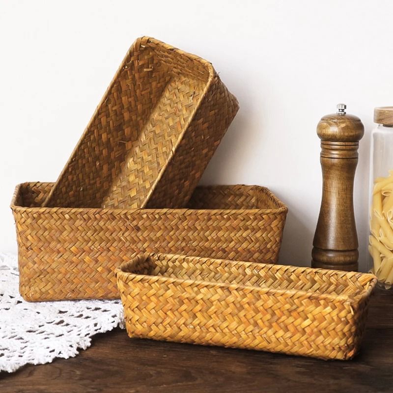 Woven Seagrass Wicker Storage Basket HighPerformance Rectangular Straw Rattan Sundries Organizer 0
