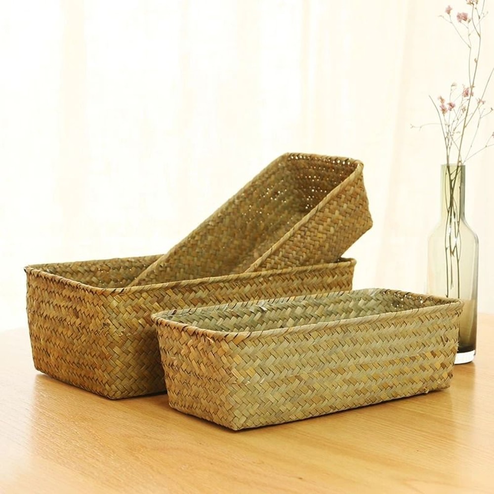 Woven Seagrass Wicker Storage Basket HighPerformance Rectangular Straw Rattan Sundries Organizer 2