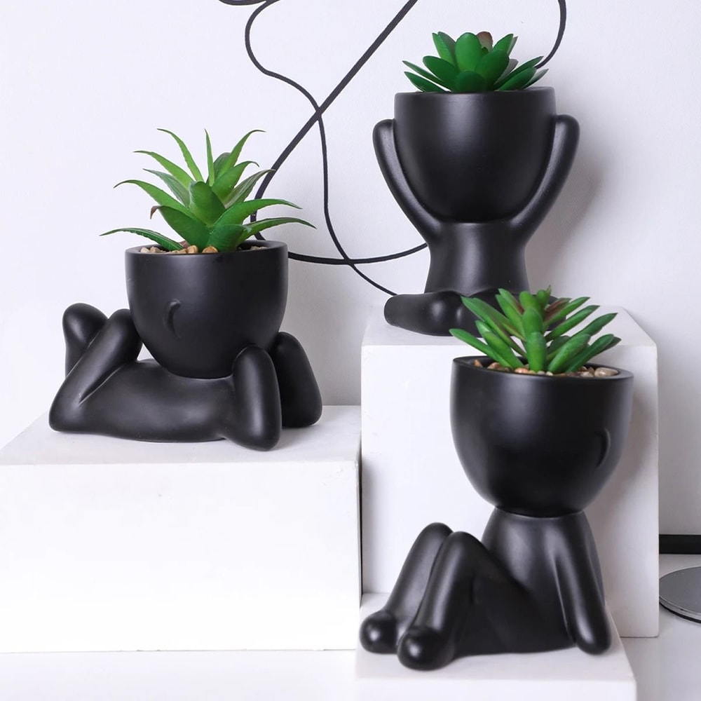 Cartoon Pot Artificial Aloe Set HighPerformance 3Piece Black PE Succulent Collection Home Decorat 0