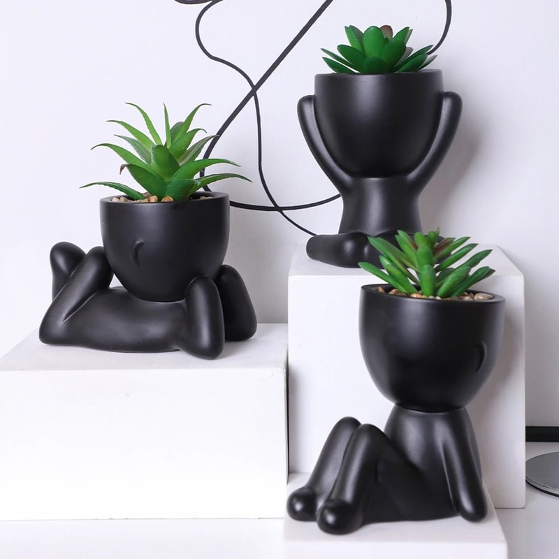 Cartoon Pot Artificial Aloe Set HighPerformance 3Piece Black PE Succulent Collection Home Decorat 0
