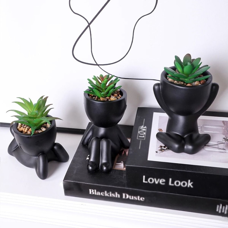Cartoon Pot Artificial Aloe Set HighPerformance 3Piece Black PE Succulent Collection Home Decorat 5