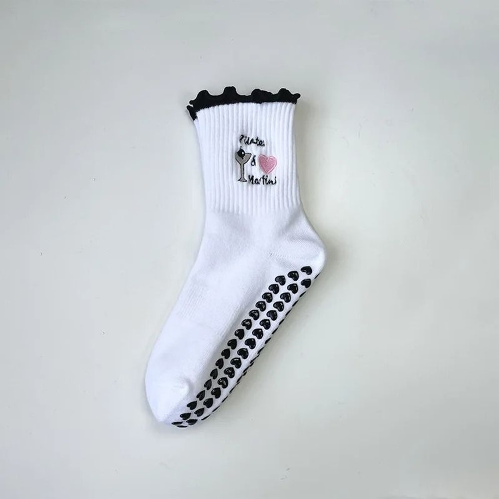 Knitted Embroidered Yoga Fitness Pilates Sports Socks Silicone Non Slip Bottom Women Middle Socks 11