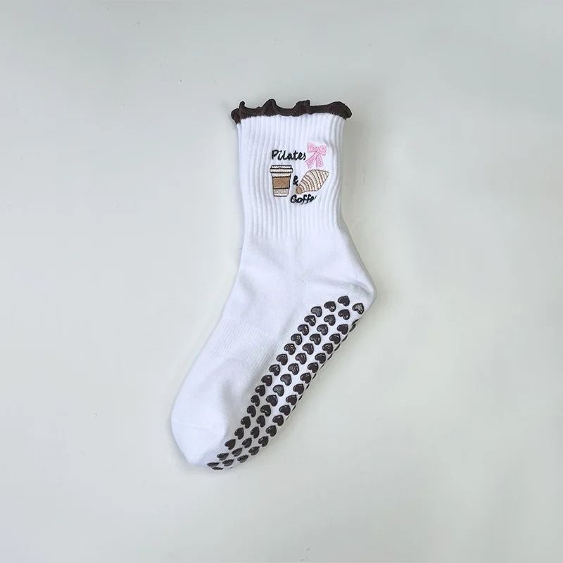Knitted Embroidered Yoga Fitness Pilates Sports Socks Silicone Non Slip Bottom Women Middle Socks 13