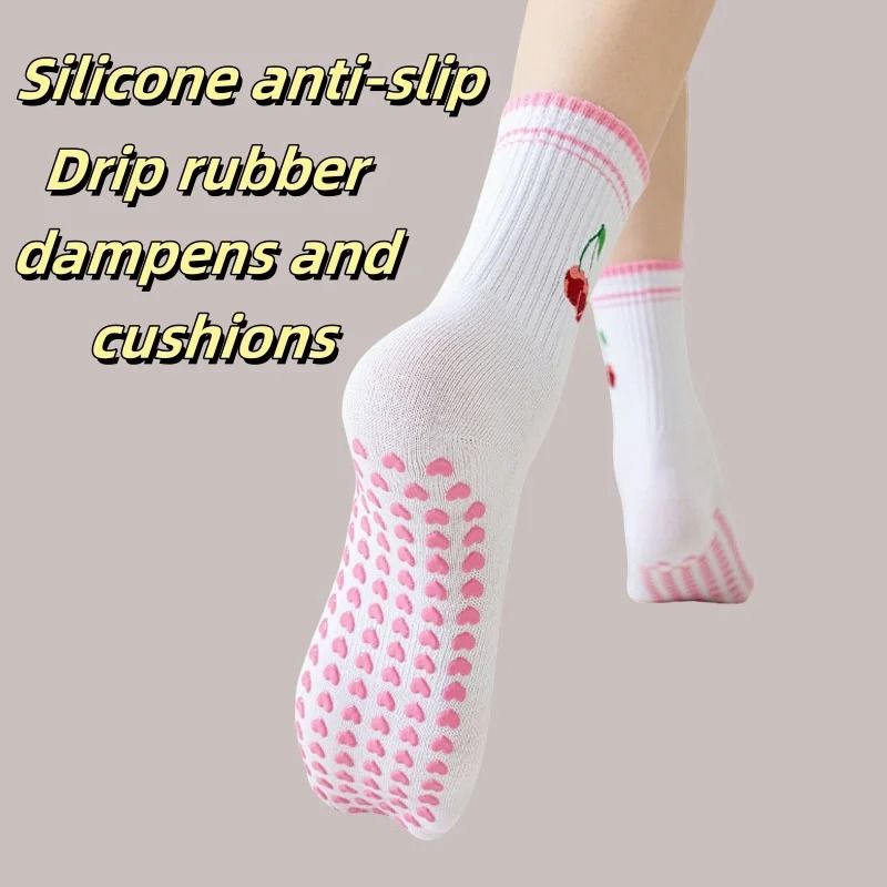 Knitted Embroidered Yoga Fitness Pilates Sports Socks Silicone Non Slip Bottom Women Middle Socks 2
