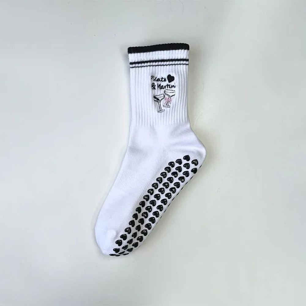 Knitted Embroidered Yoga Fitness Pilates Sports Socks Silicone Non Slip Bottom Women Middle Socks 6
