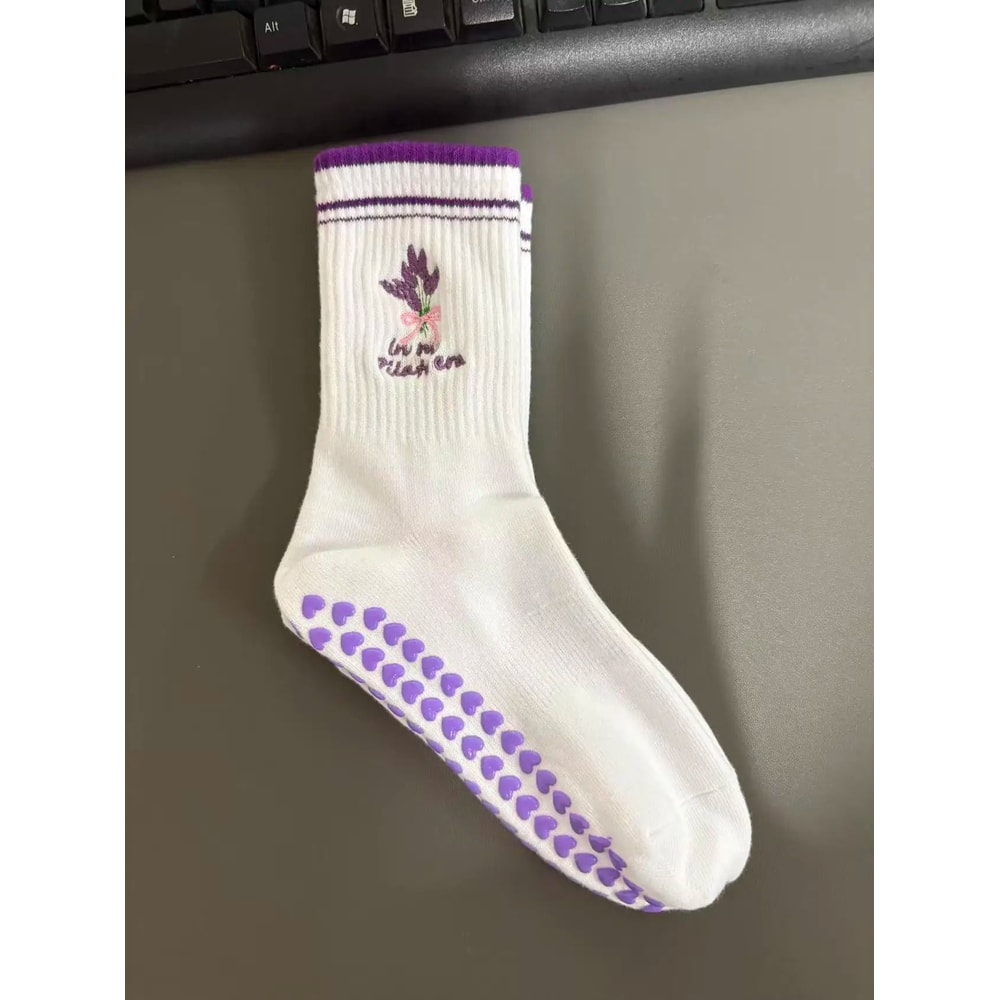 Knitted Embroidered Yoga Fitness Pilates Sports Socks Silicone Non Slip Bottom Women Middle Socks 17
