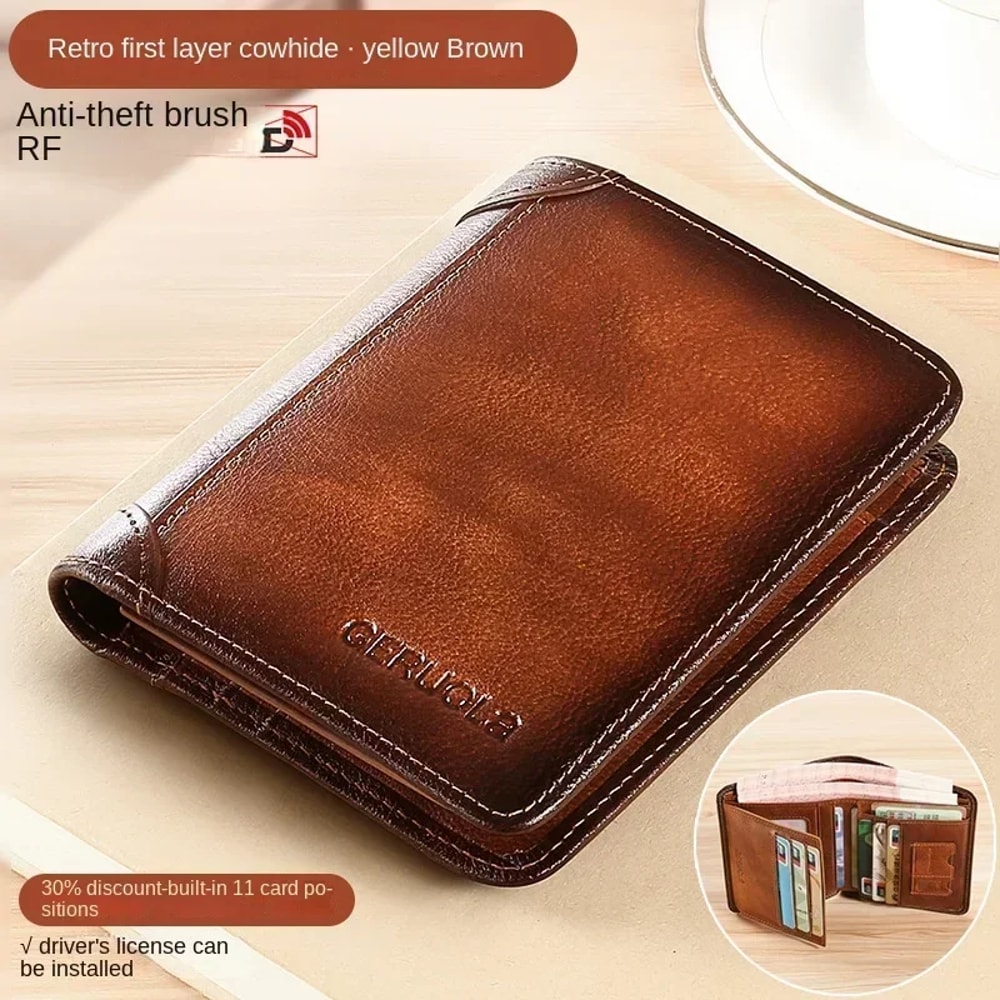 Classic Trifold Leather Wallet For Men RFID Protection Large Capacity 2