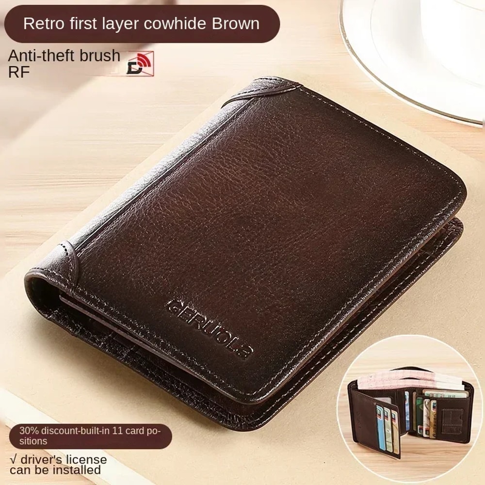 Classic Trifold Leather Wallet For Men RFID Protection Large Capacity 4