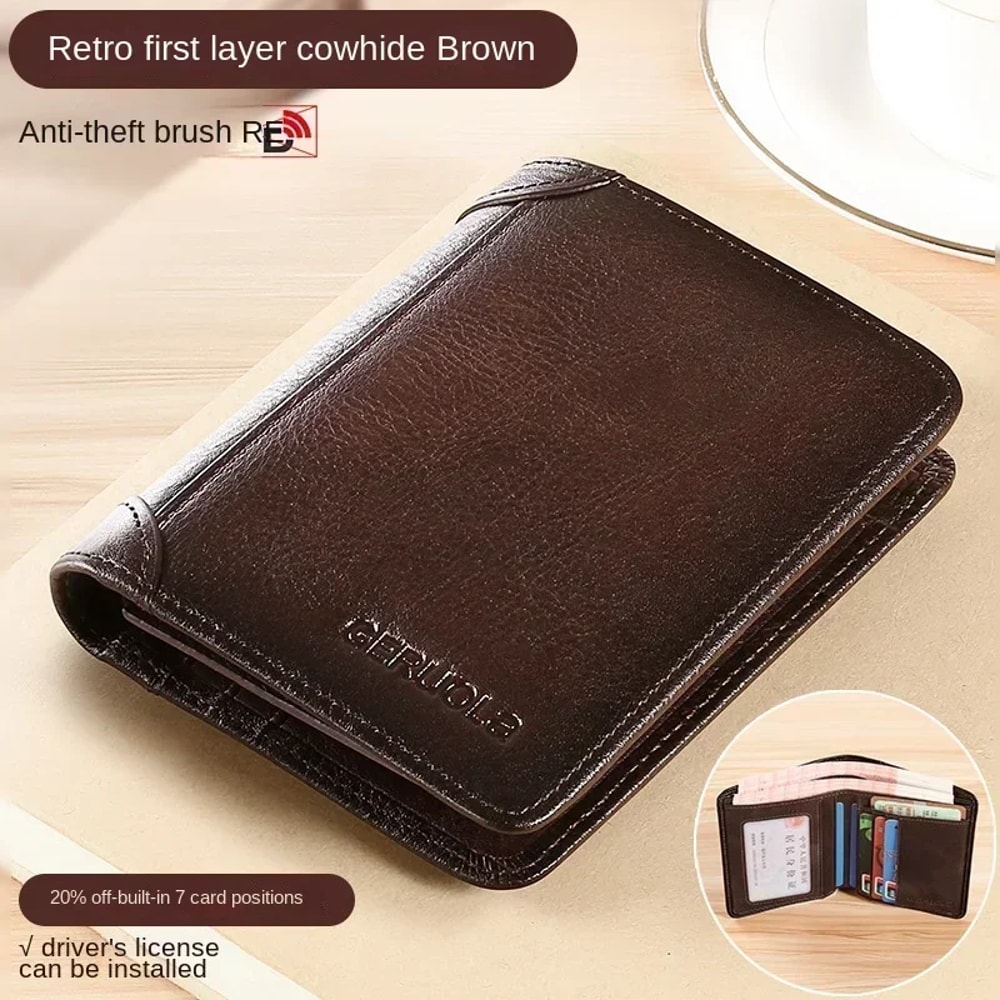 Classic Trifold Leather Wallet For Men RFID Protection Large Capacity 8