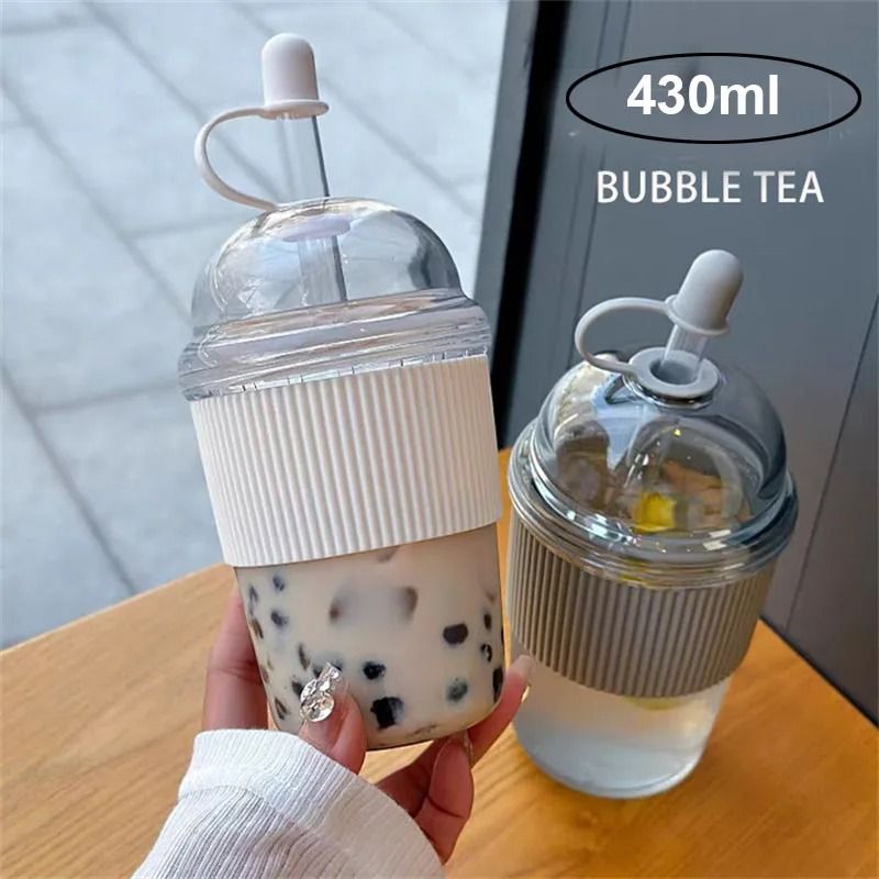 430ML Ins Style Straw Cup With Lid Large Capacity Bubble Boba Tea Coffee Milk Juice Mug Office Wate 0