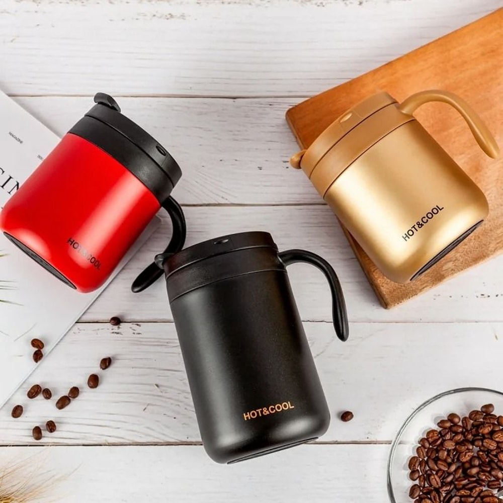 Simple Solid Color Stainless Steel Insulated Coffee Cup With Handle Wide Mouthed Large Capacity Off 0