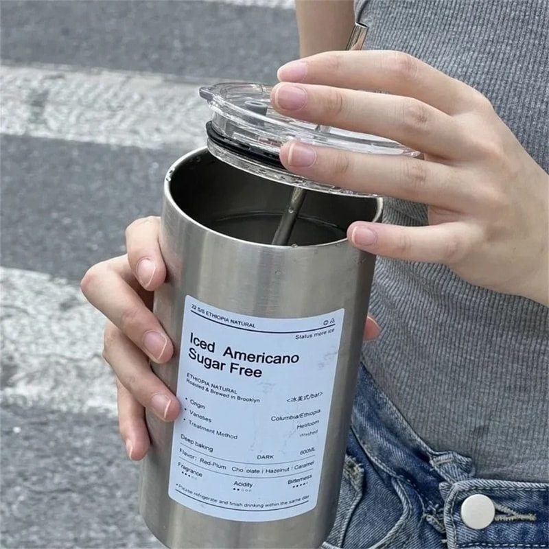 Portable 600ml Thermos Cup 304 Stainless Steel Coffee Mug LeakProof Water Bottle With Straw 3