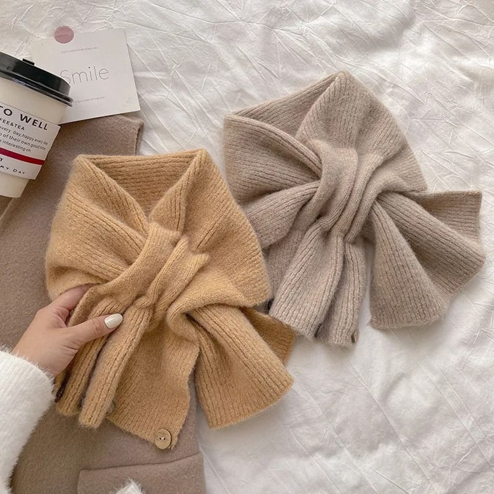 Autumn And Winter Cross Knitted Scarf Korean Edition ColorBlocked Warm Button Neck Cover 1
