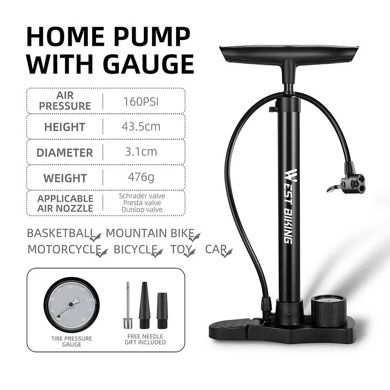 WEST BIKING 160PSI HighPressure Bicycle Pump Portable Stainless Steel Inflator With Gauge For Pres 6