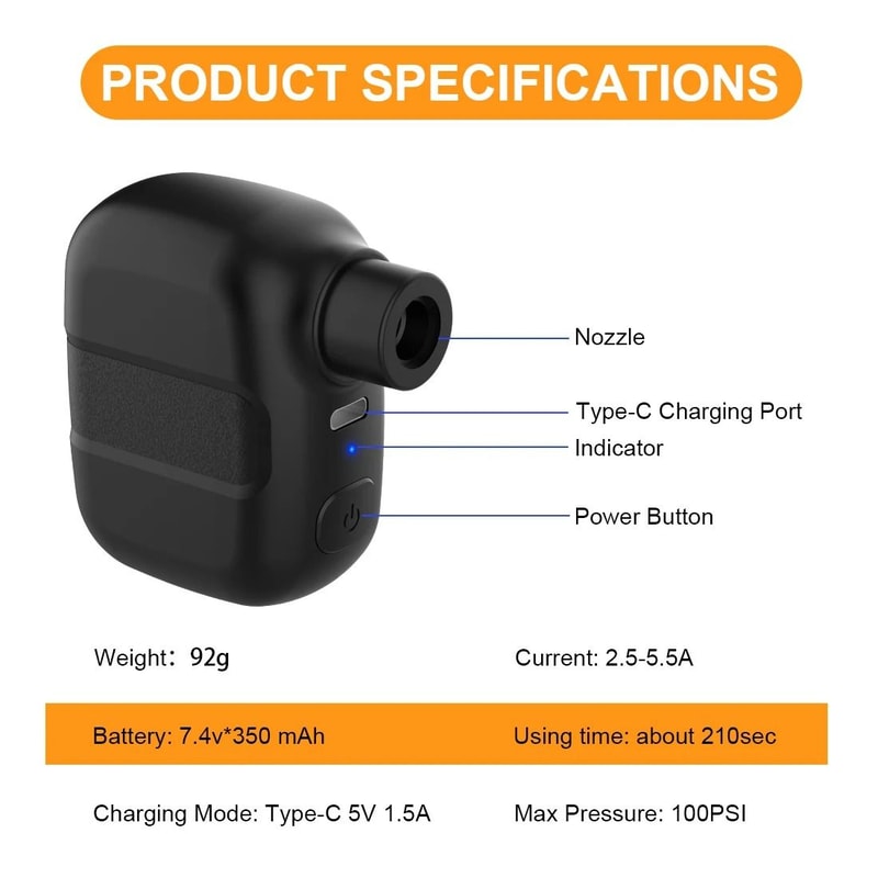 Mini Portable Electric Bicycle Pump 100PSI Rechargeable Smart Inflator With TypeC Fast Charge 3