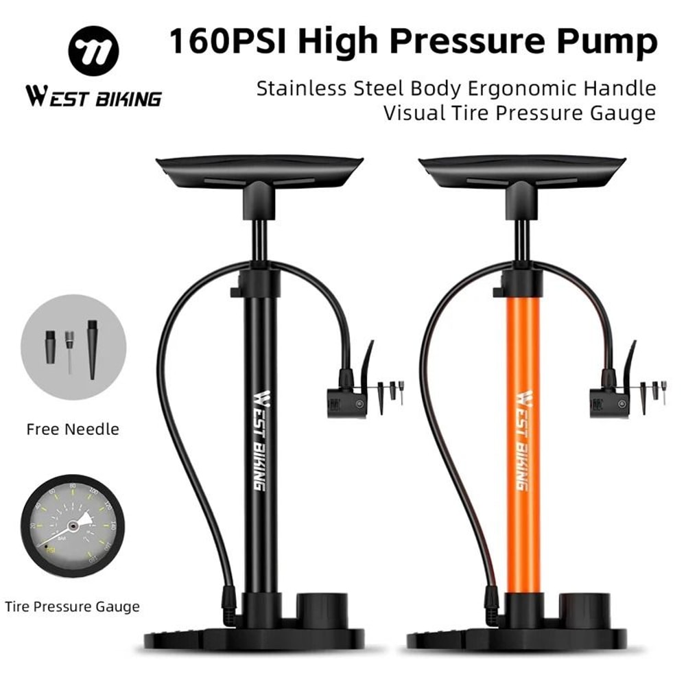 WEST BIKING HighPressure Floor Pump 160PSI Portable Stainless Steel Inflator With Precision Gauge 1