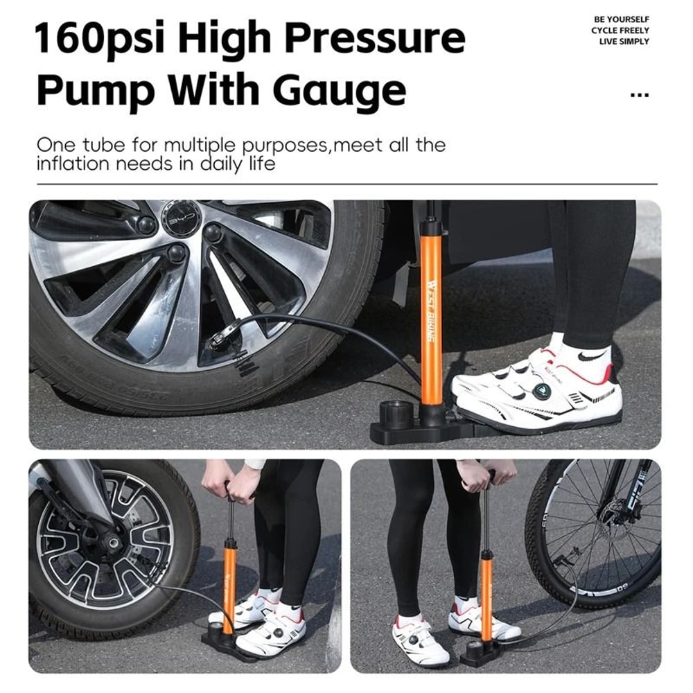 WEST BIKING HighPressure Floor Pump 160PSI Portable Stainless Steel Inflator With Precision Gauge 2
