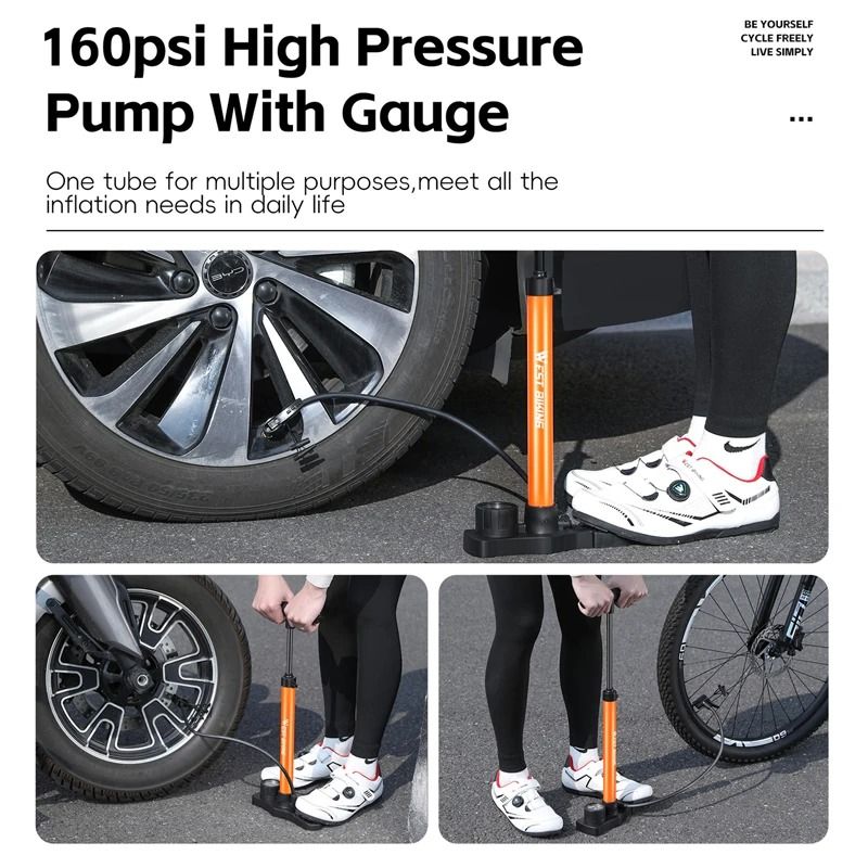 WEST BIKING HighPressure Floor Pump 160PSI Portable Stainless Steel Inflator With Precision Gauge 2