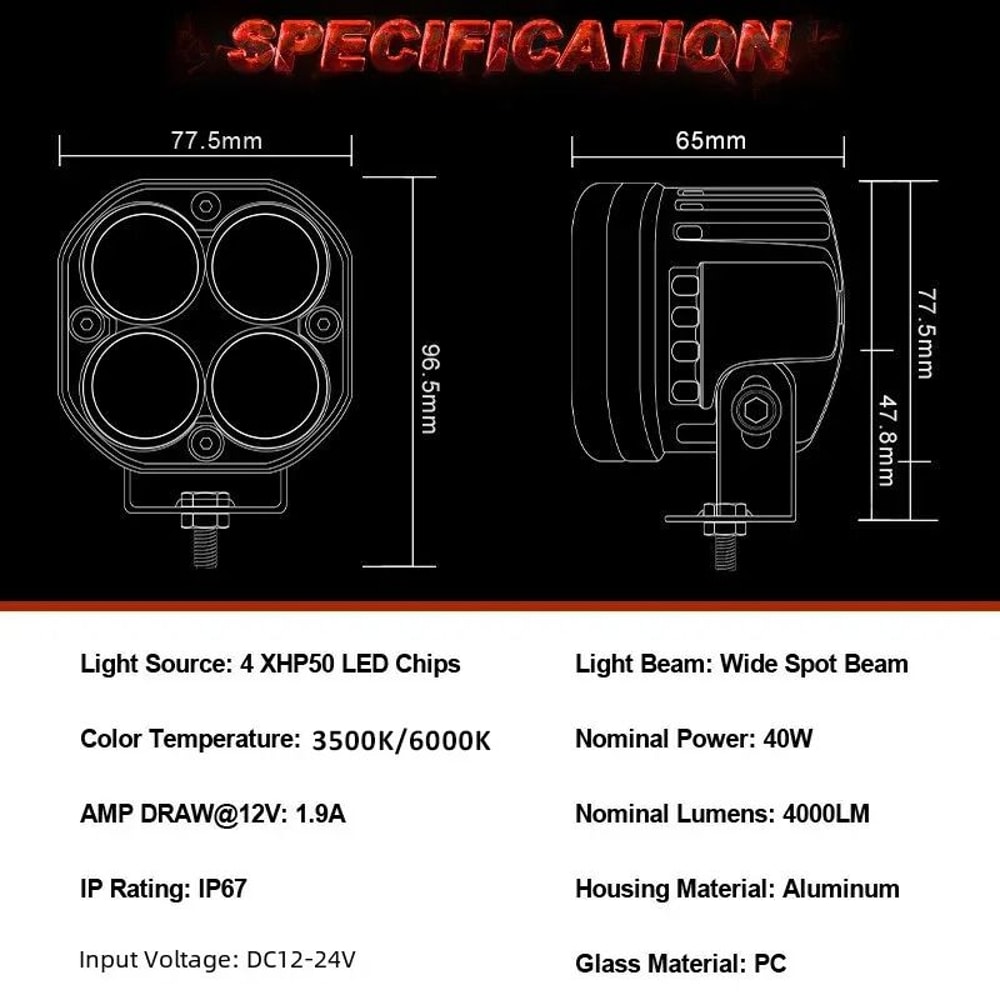 3Inch Mini LED HighIntensity Work Light Square 40W Yellow White Spotlight For 4x4 Offroad Motorc 4