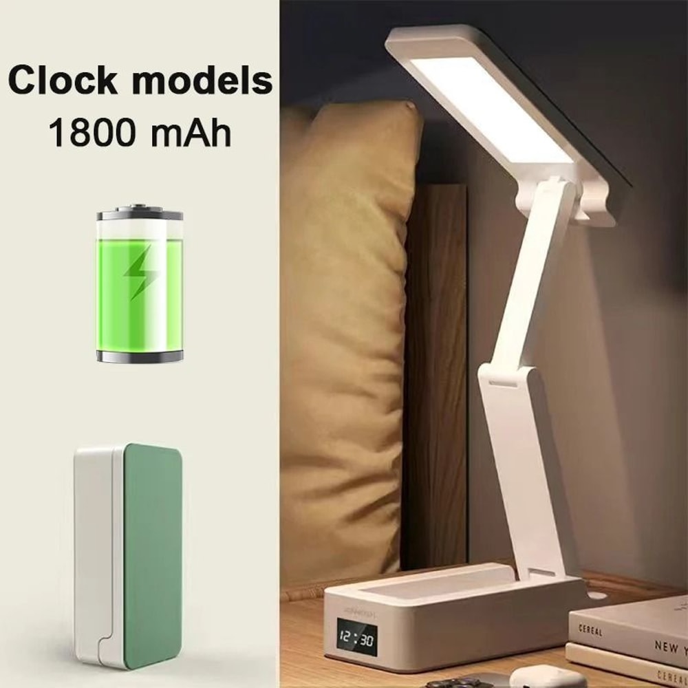 Portable Foldable LED Desk Lamp With Clock EnergySaving USB Rechargeable Reading Light 10