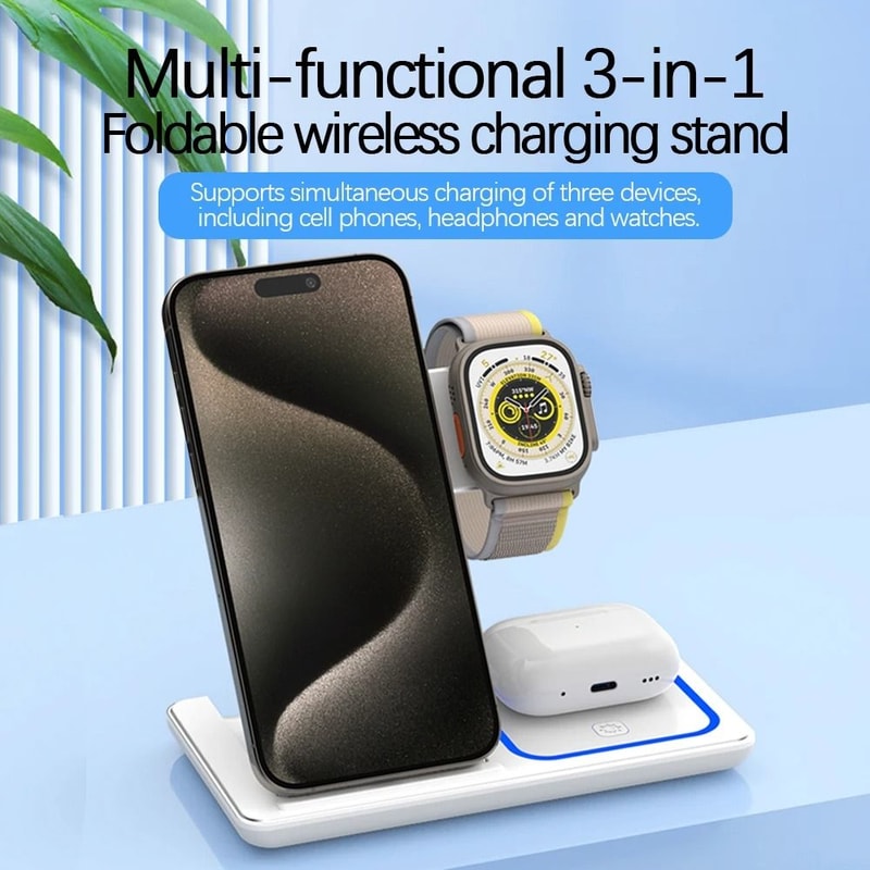 30W LED Fast Wireless Charging Station 3in1 Foldable Stand For IPhone Apple Watch AirPods 1