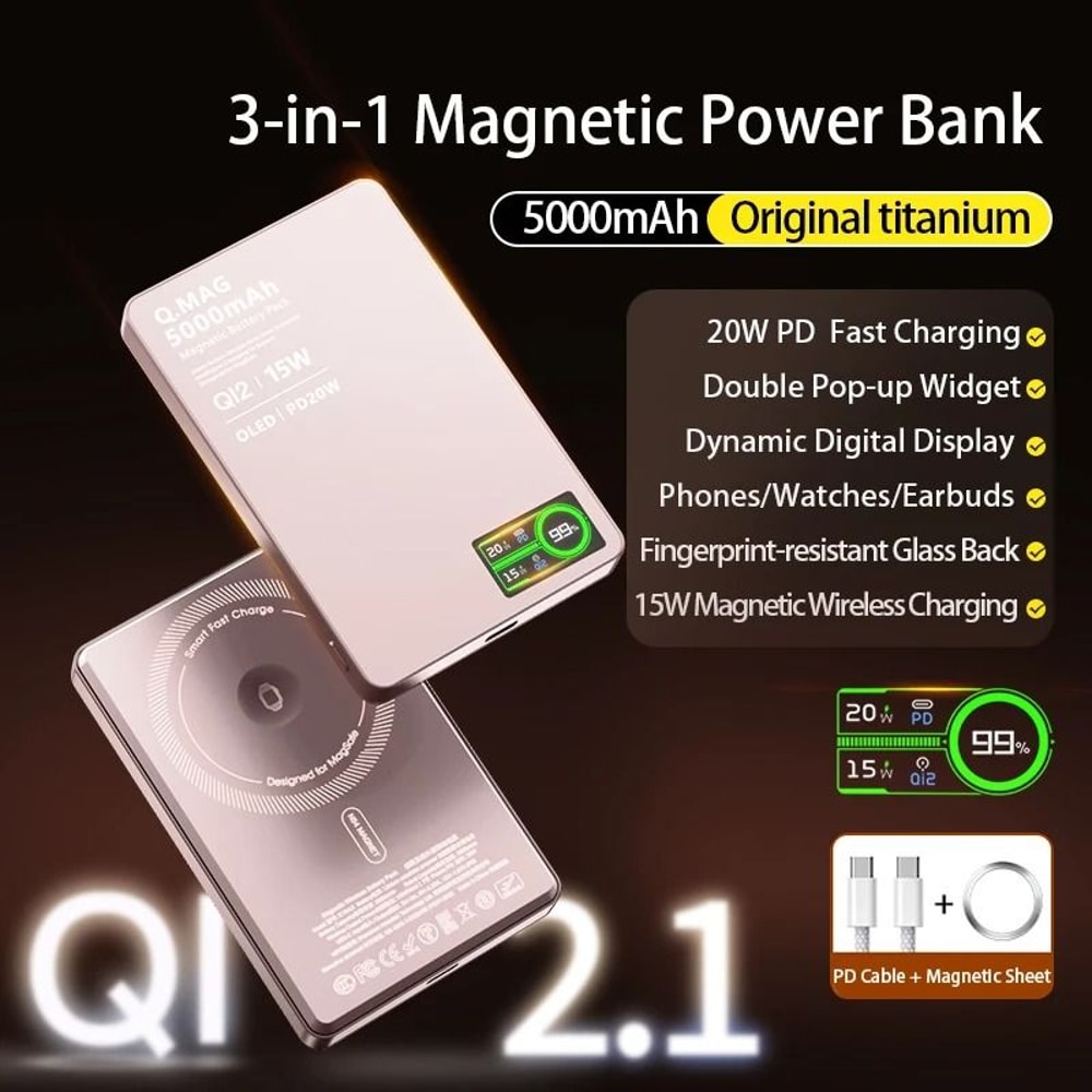 QI 21 Magnetic Wireless Power Bank 3in1 Smart Screen External Battery For IPhone 17 AirPods 6