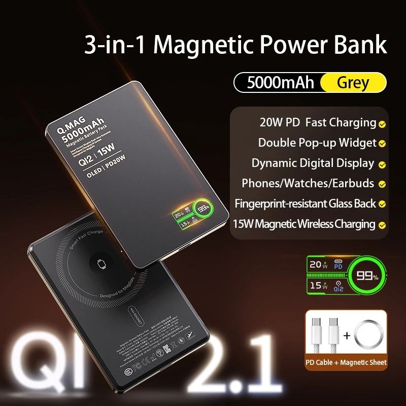 QI 21 Magnetic Wireless Power Bank 3in1 Smart Screen External Battery For IPhone 17 AirPods 7