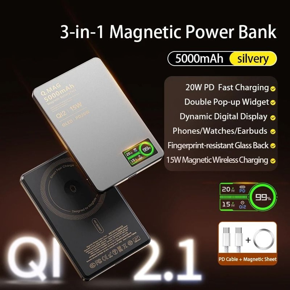 QI 21 Magnetic Wireless Power Bank 3in1 Smart Screen External Battery For IPhone 17 AirPods 8