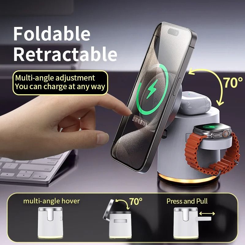 Qi2 Certified 3in1 Fast Wireless Charging Station Foldable Magnetic Dock For IPhone 16 Apple Watc 3
