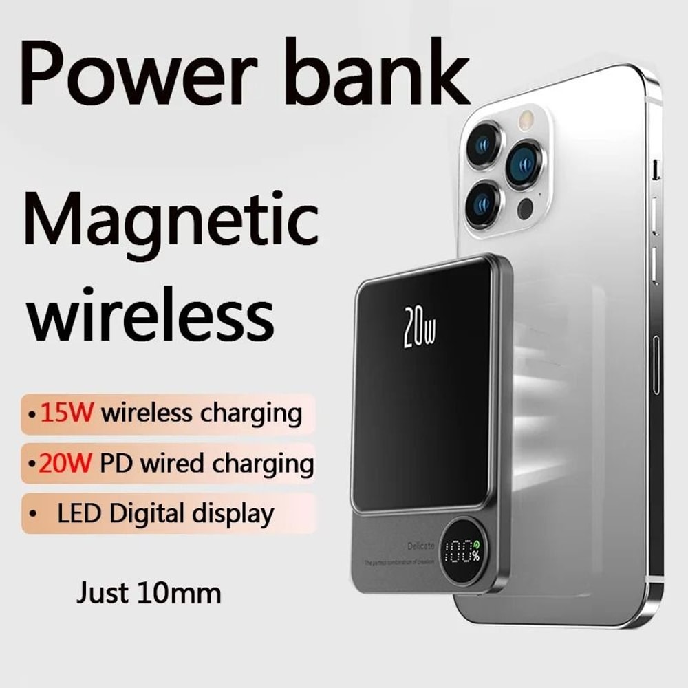 10000mAh Magnetic Alloy Power Bank UltraSlim Wireless Fast Charger For IPhone 15 MagSafe Series 1